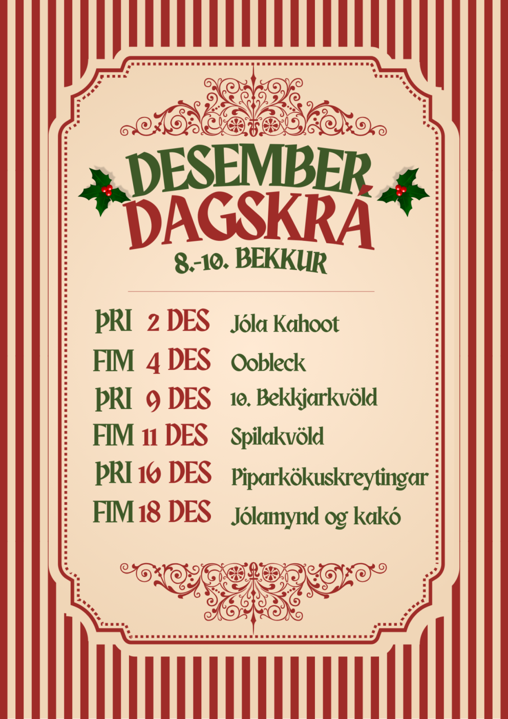 Desemberdagskrá félagsmiðstöðvar fyrir unglingastig