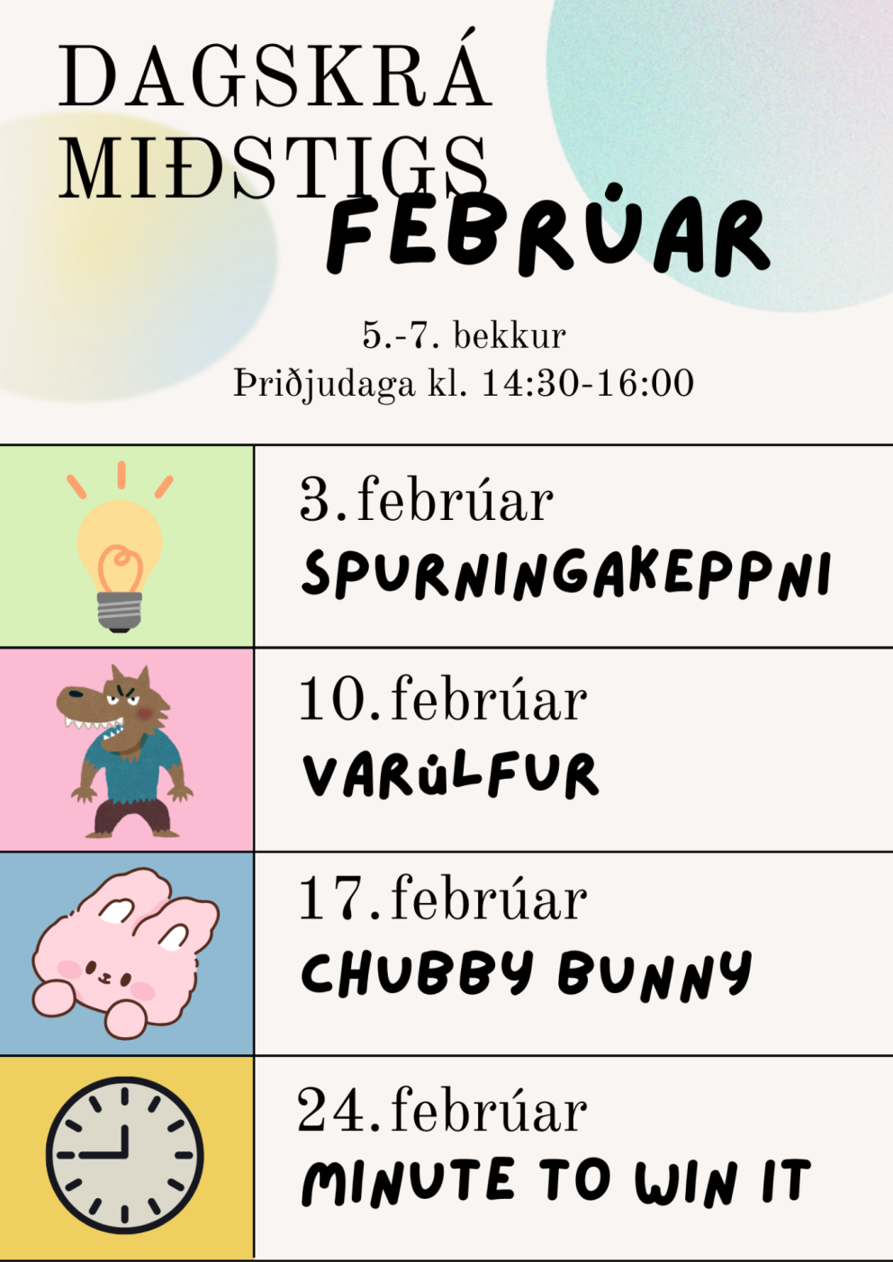 Febrúardagskrá miðstigs í félagasmiðstöðinni