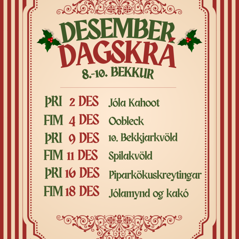 Desemberdagskrá félagsmiðstöðvar fyrir unglingastig