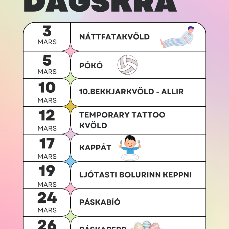 Dagskrá félgasmiðstövar fyrir unglingastig